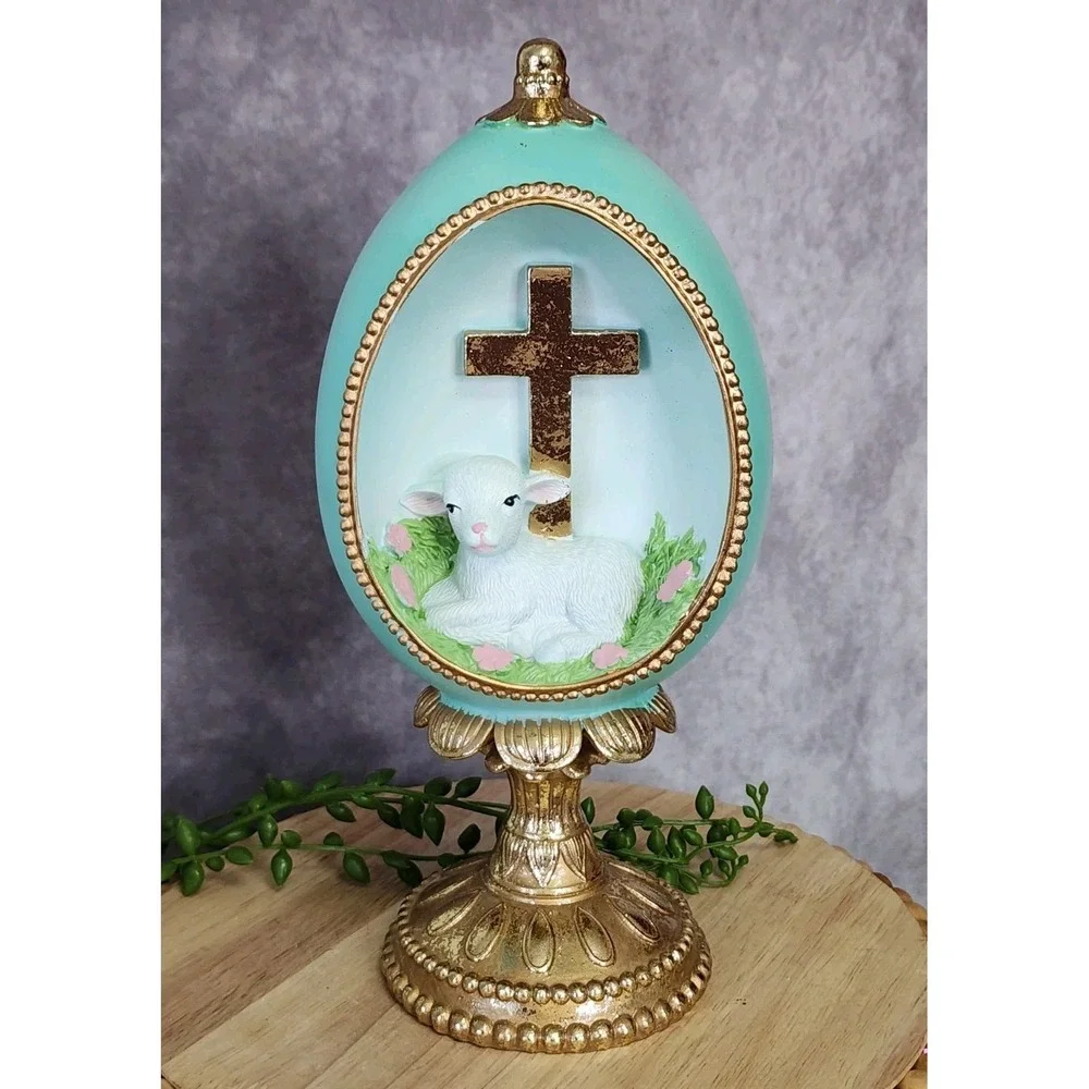 Easter Diorama Green Gold Sheep Lamb Cross Figurine Pedestal Resin 10
